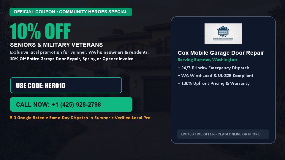 Cox Mobile Garage Door Repair 10% OFF Seniors & Military Veterans in Sumner, WA